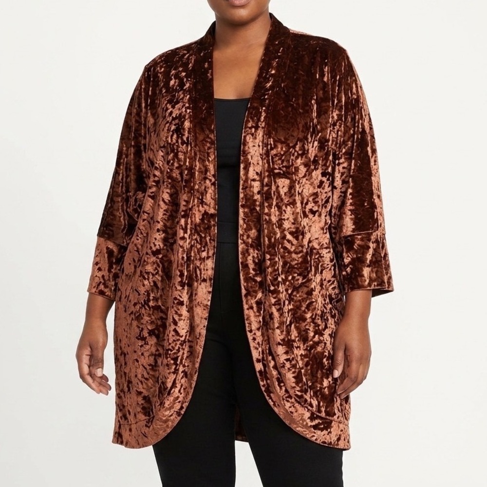Shiela Rose Rum Raisin Crushed Velvet Kimono Cardigan Open Front 3X NWT